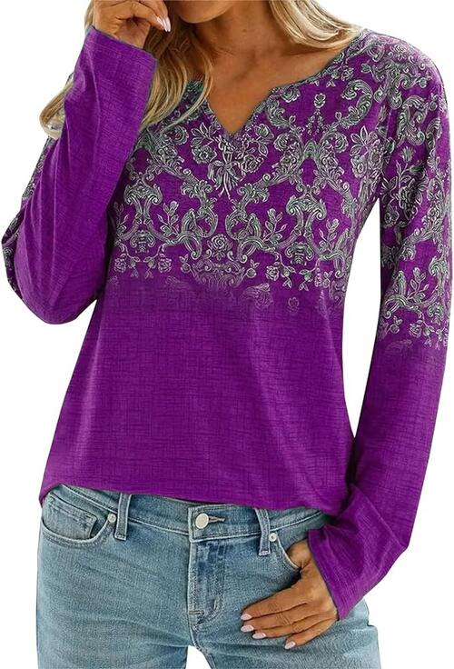 Printed Pattern Notched Long Sleeve Top (4 Colors) Shirts & Tops Krazy Heart Designs Boutique Fuchsia S 