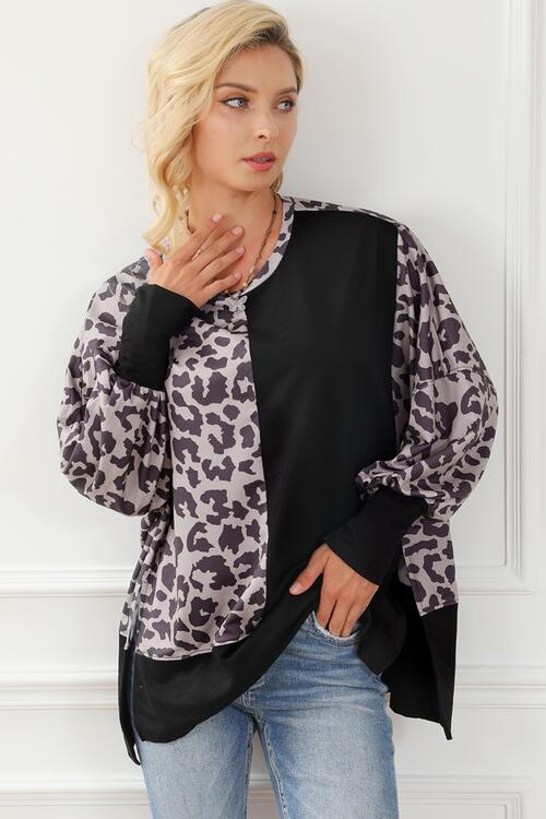 Leopard Print Round Neck Lantern Sleeve Slit Sweatshirt Shirts & Tops Krazy Heart Designs Boutique   