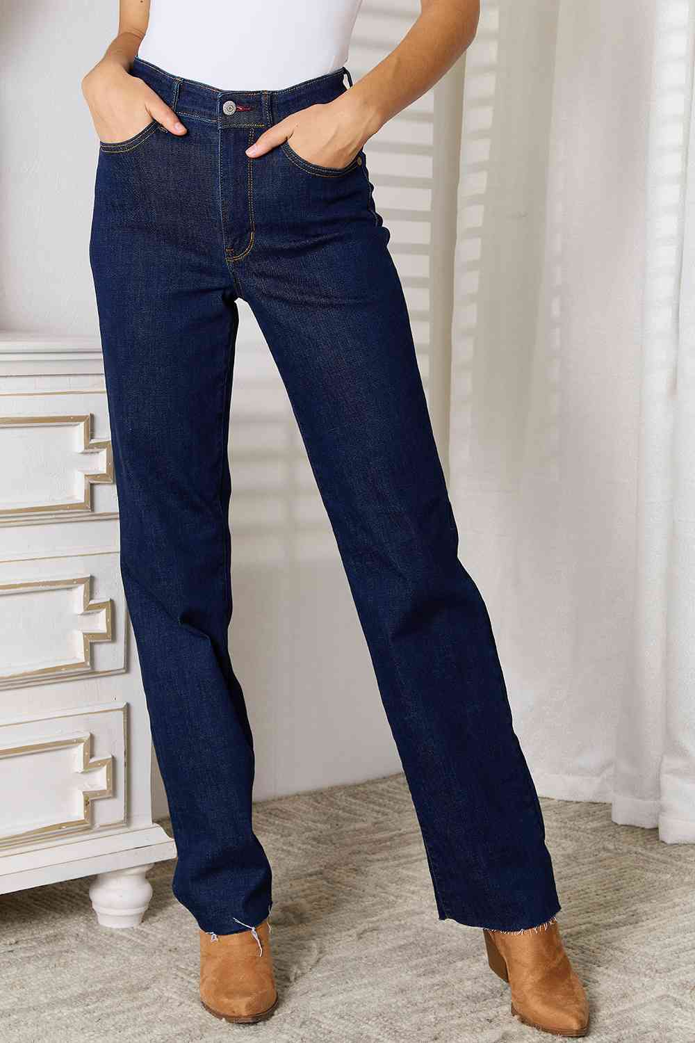 Judy Blue Full Size Raw Hem Straight Leg Jeans with Pockets  Krazy Heart Designs Boutique Dark 0(24) 