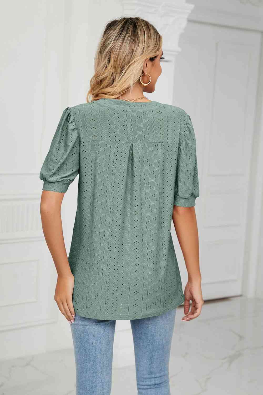 Eyelet Short Puff Sleeve Notched Neck Top (12 Colors)  Krazy Heart Designs Boutique   