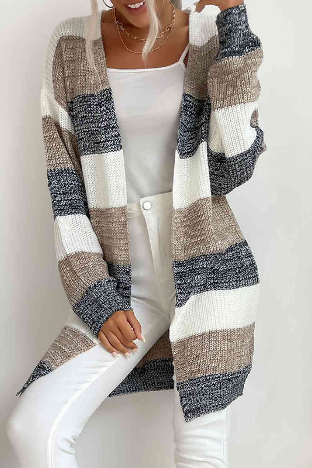 Striped Long Sleeve Duster Cardigan (5 Colors)  Krazy Heart Designs Boutique Khaki/Dark Gray/White S 