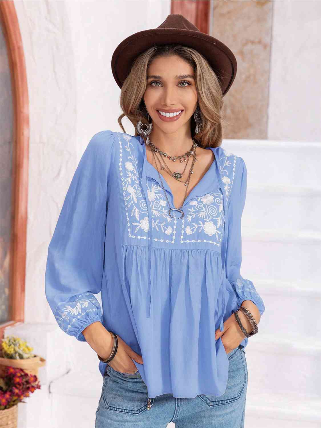 Floral Tie Neck Balloon Sleeve Blouse (6 Colors)  Krazy Heart Designs Boutique Misty  Blue S 