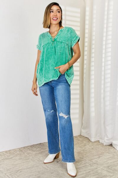 Zenana Washed Raw Hem Short Sleeve Blouse with Pockets Shirts & Tops Krazy Heart Designs Boutique   