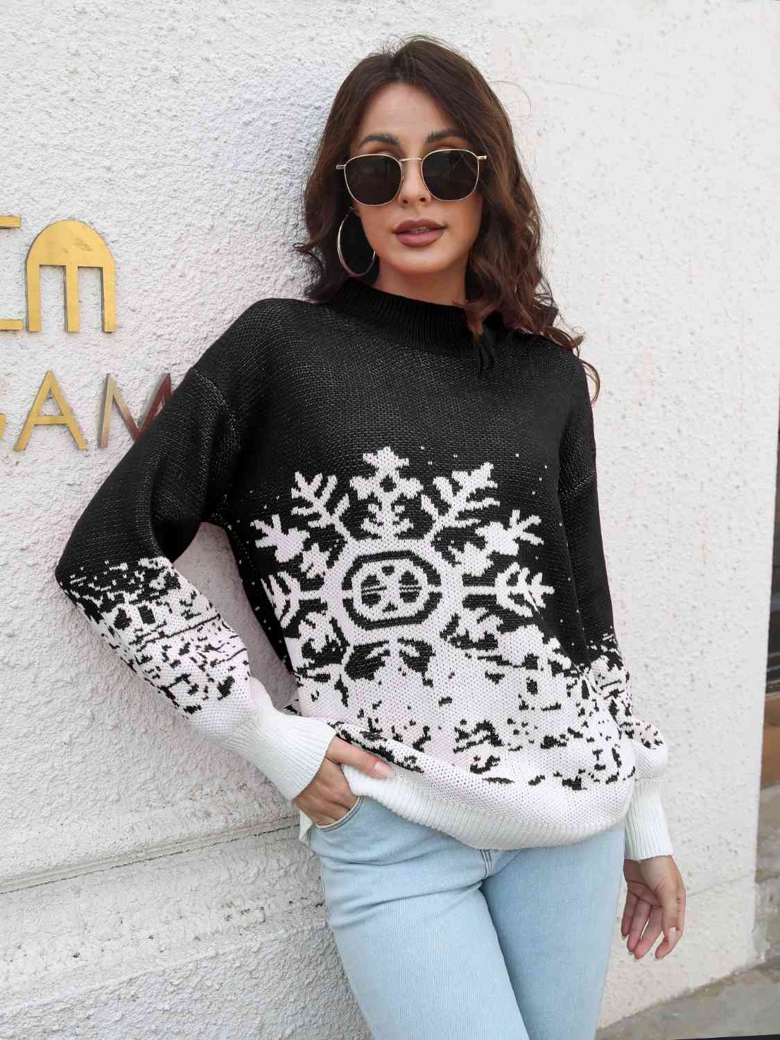 Snowflake Pattern Mock Neck Sweater (2 Colors) Shirts & Tops Krazy Heart Designs Boutique Black S 