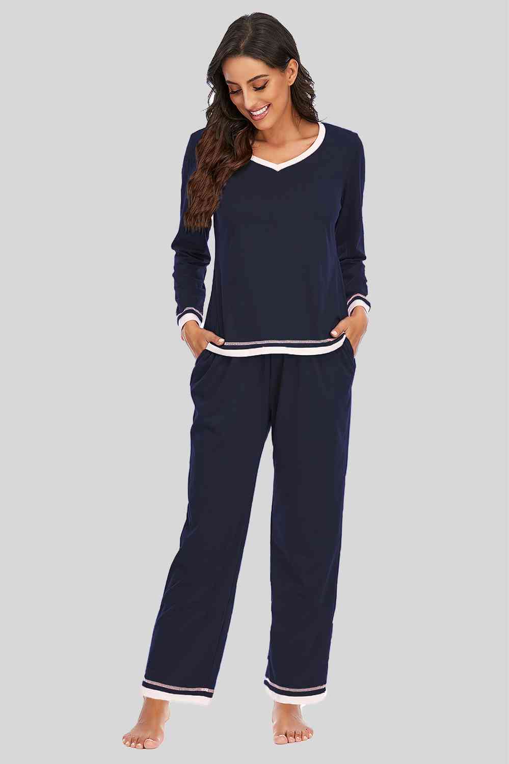 V-Neck Top and Pants Lounge Set (3 Colors) Loungewear Krazy Heart Designs Boutique Dark Navy S 