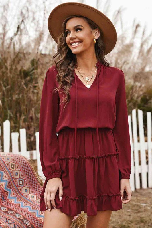 Tied Frill Trim Puff Sleeve Mini Dress  Krazy Heart Designs Boutique Wine S 