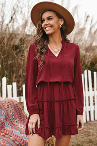 Tied Frill Trim Puff Sleeve Mini Dress  Krazy Heart Designs Boutique Wine S 
