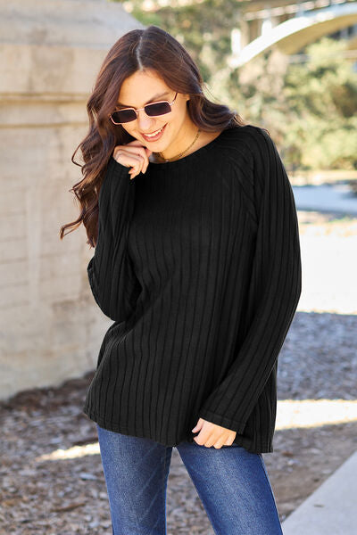 Basic Bae Full Size Ribbed Round Neck Long Sleeve Knit Top (5 Colors) Shirts & Tops Krazy Heart Designs Boutique Black S 