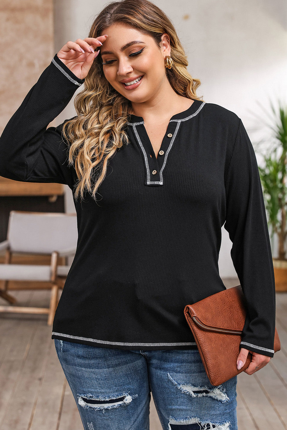 Plus Size Notched Neck Long Sleeve T-Shirt  Krazy Heart Designs Boutique   