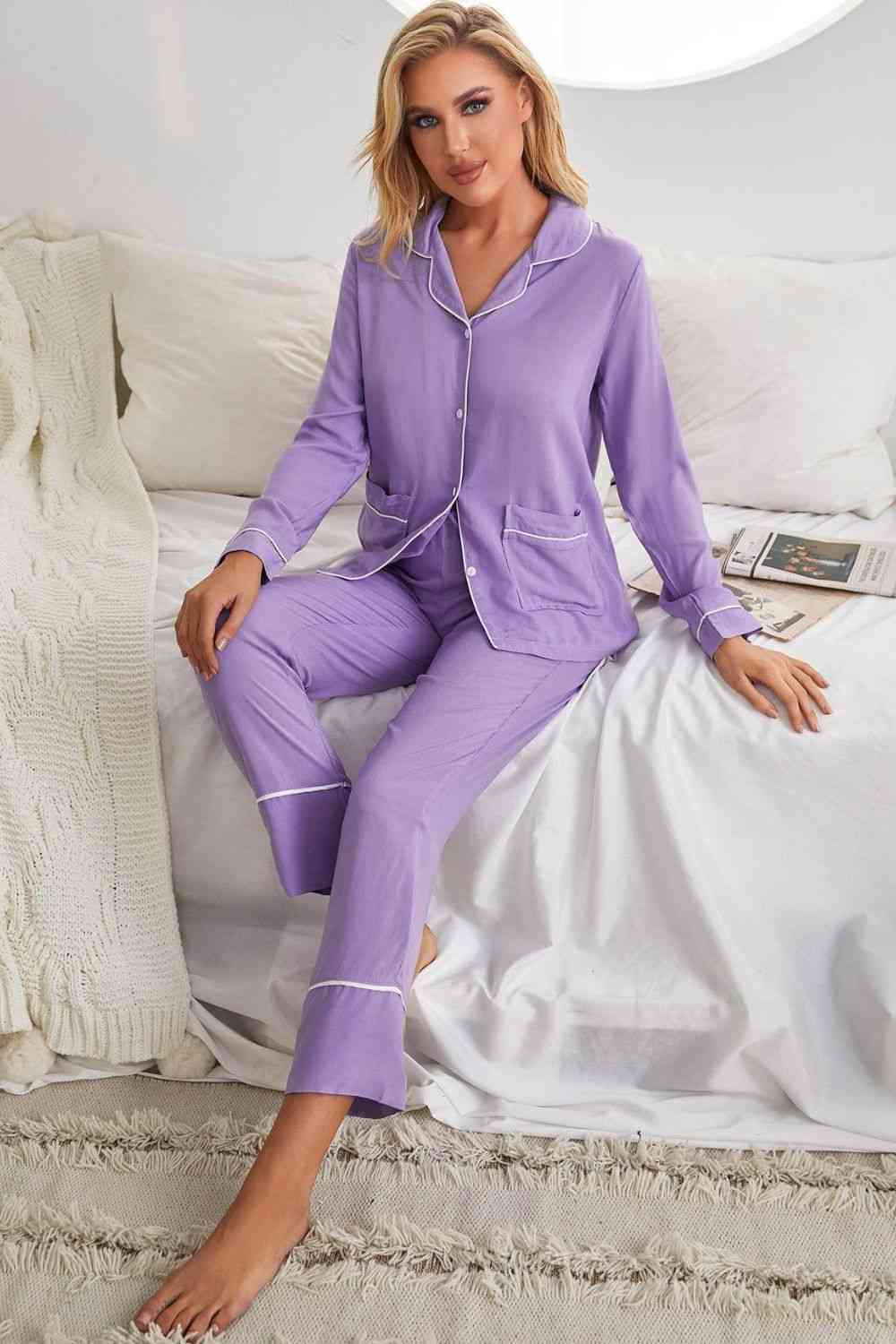 Contrast Color Lapel Collar Shirt and Pants Pajama Set with Pockets Loungewear Krazy Heart Designs Boutique   