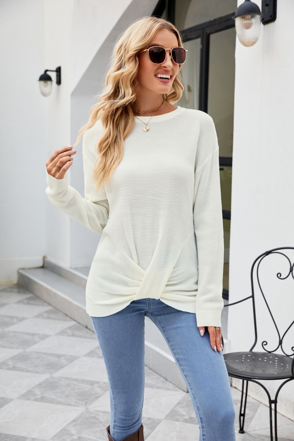 Twisted Round Neck Sweater (5 Colors)  Krazy Heart Designs Boutique White S 