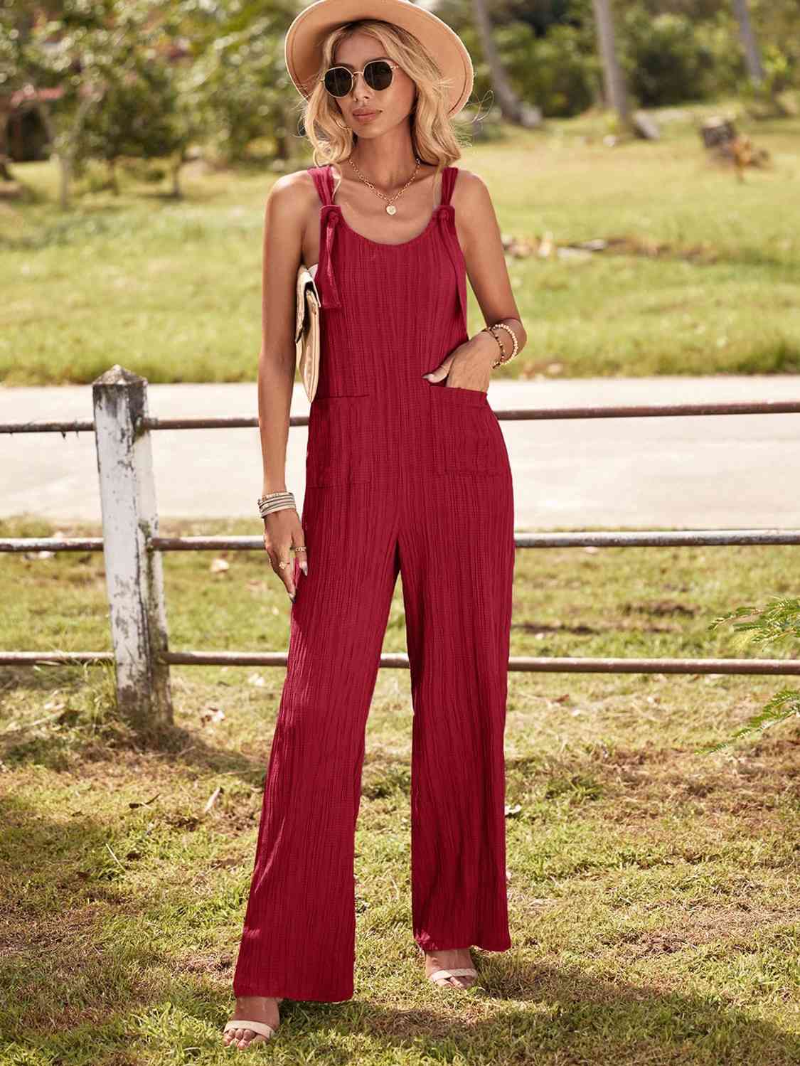 Round Neck Sleeveless Jumpsuit with Pockets  Krazy Heart Designs Boutique Brick Red S 