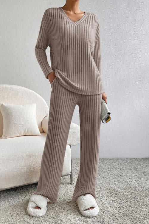 Ribbed V-Neck Top and Pants Set (5 Colors) Outfit Sets Krazy Heart Designs Boutique Camel S 