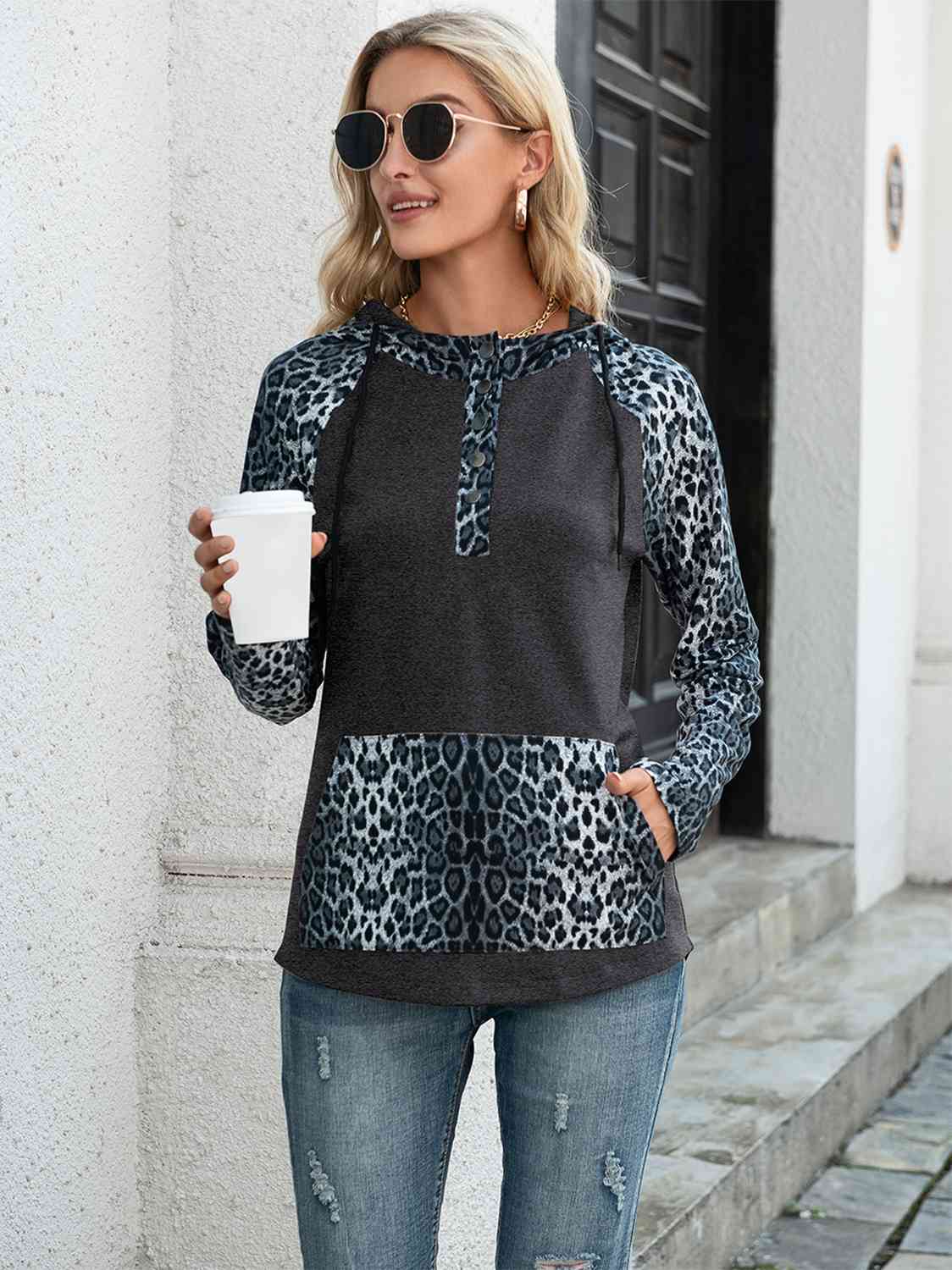 Leopard Print Drawstring Pocketed Raglan Sleeve Hoodie Shirts & Tops Krazy Heart Designs Boutique Charcoal S 