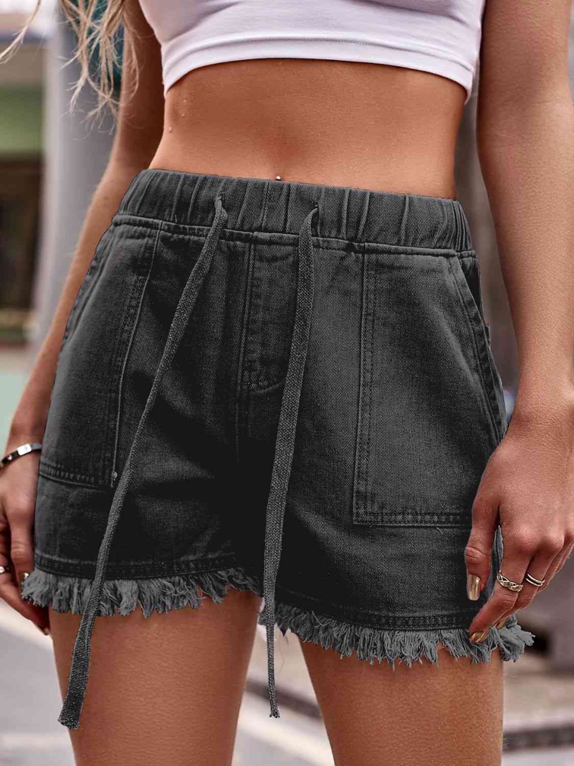 Drawstring Raw Hem Denim Shorts (12 Colors) shorts Krazy Heart Designs Boutique Dark Gray S 