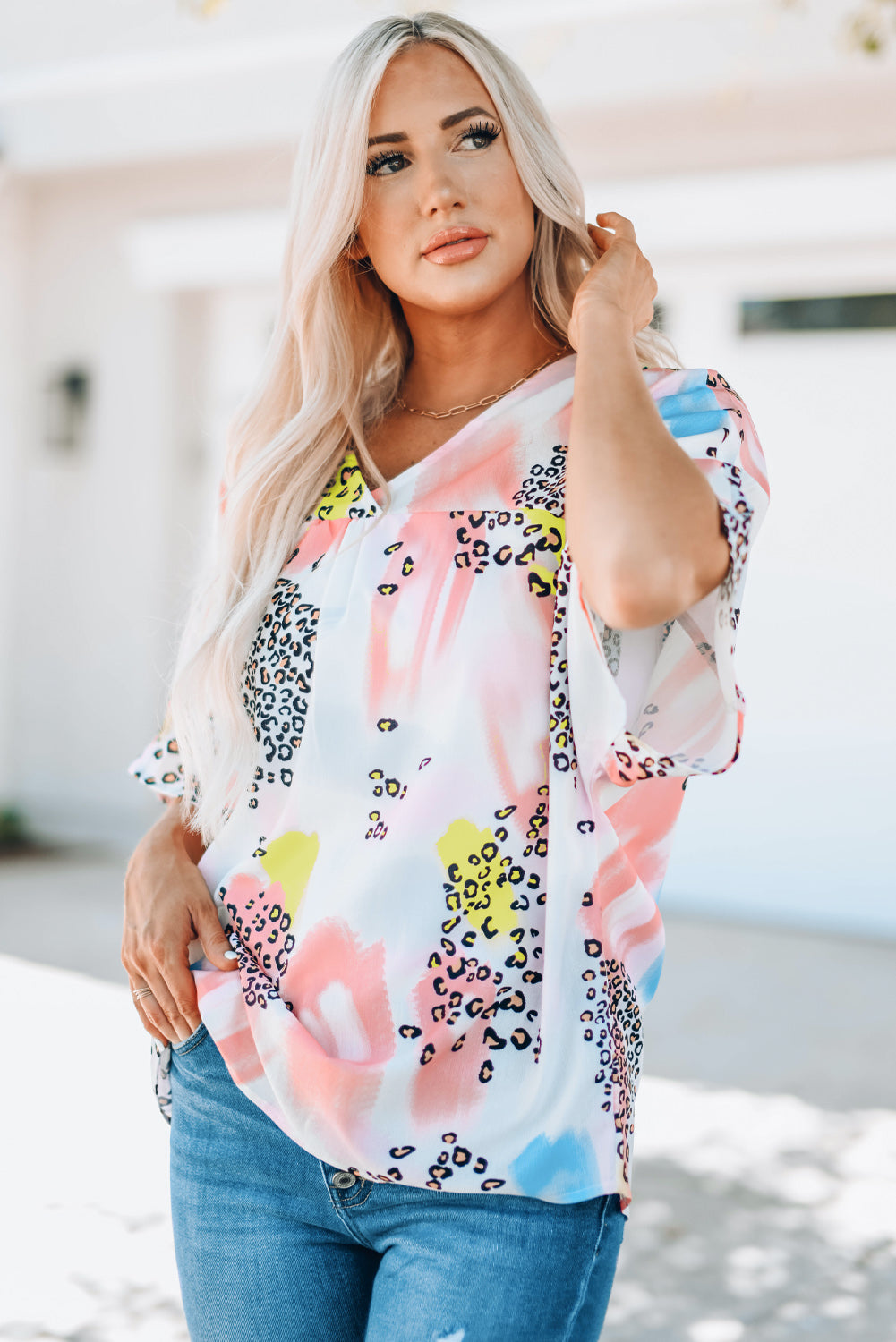 Mixed Print V-Neck Half Sleeve Top  Krazy Heart Designs Boutique   