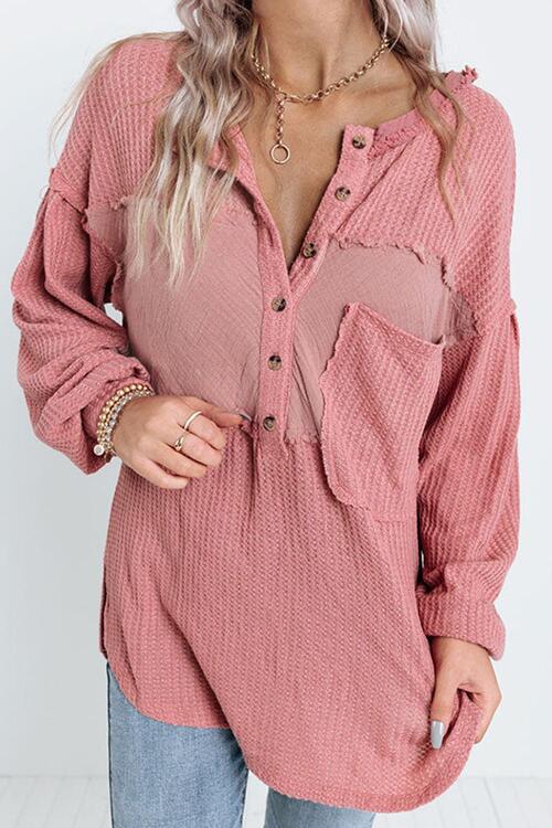 Half Button Raw Hem Long Sleeve Blouse Shirts & Tops Krazy Heart Designs Boutique Dusty Pink S 