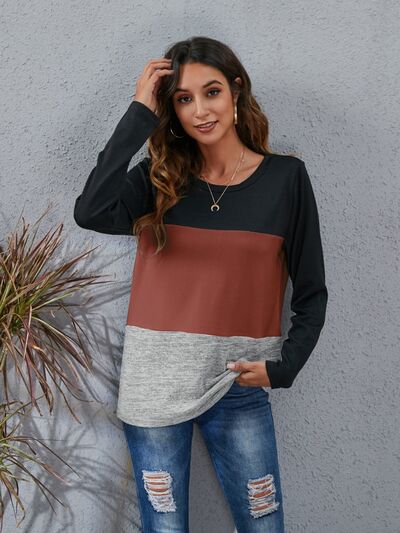 Color Block Round Neck Long Sleeve Top (6 Colors) Shirts & Tops Krazy Heart Designs Boutique Brick Red S 