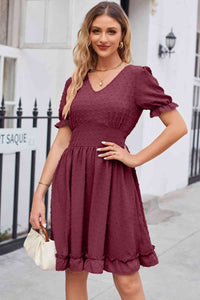 Swiss Dot Frill Trim Flounce Sleeve V-Neck Dress (5 Colors)  Krazy Heart Designs Boutique Wine S 