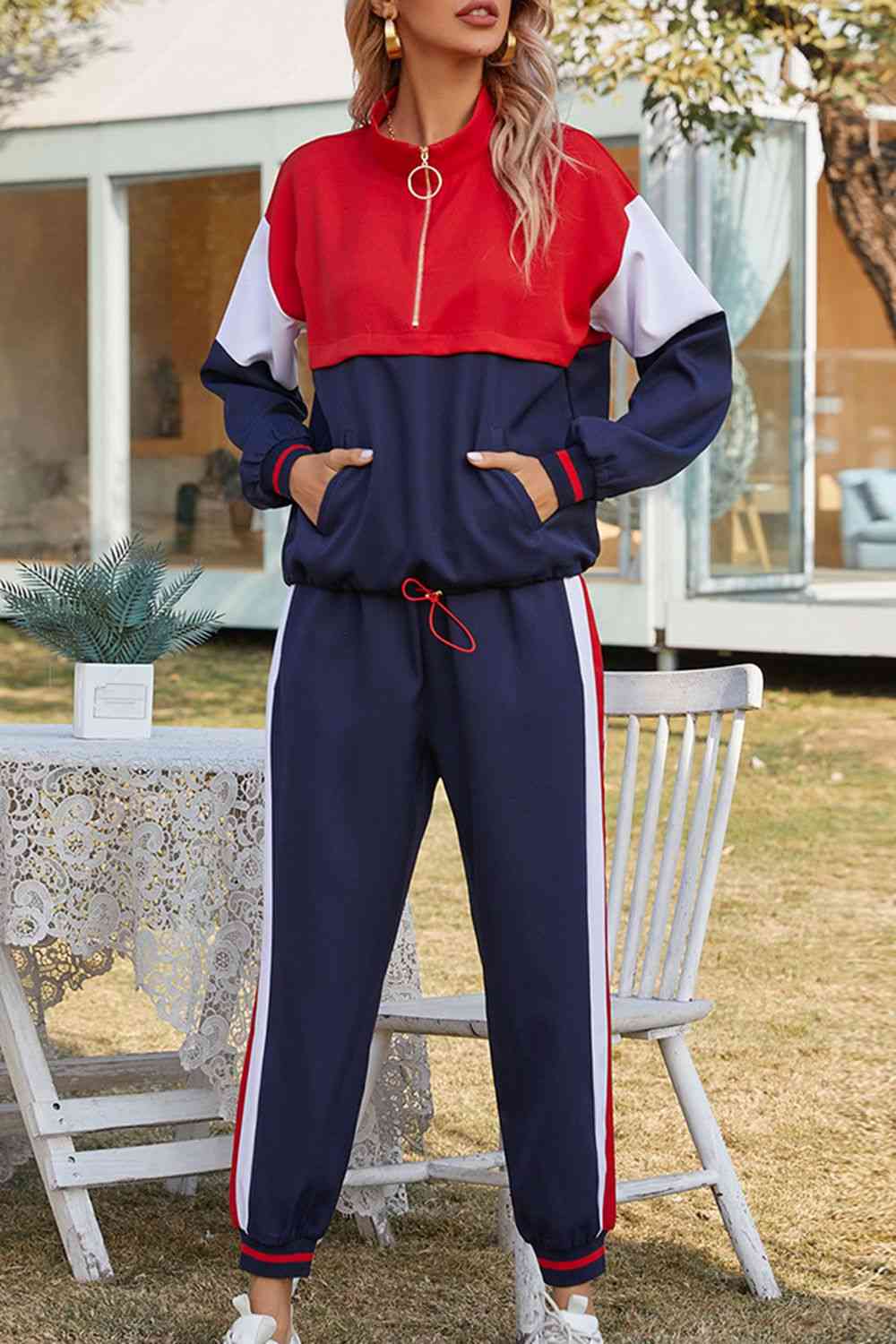 Color Block Zipper-Down Blouse and Long Pants Set  Krazy Heart Designs Boutique Navy S 