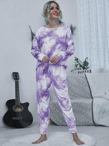 Tie-dye Round Neck Top and Drawstring Pants Set (4 Colors) Outfit Sets Krazy Heart Designs Boutique Lavender S 