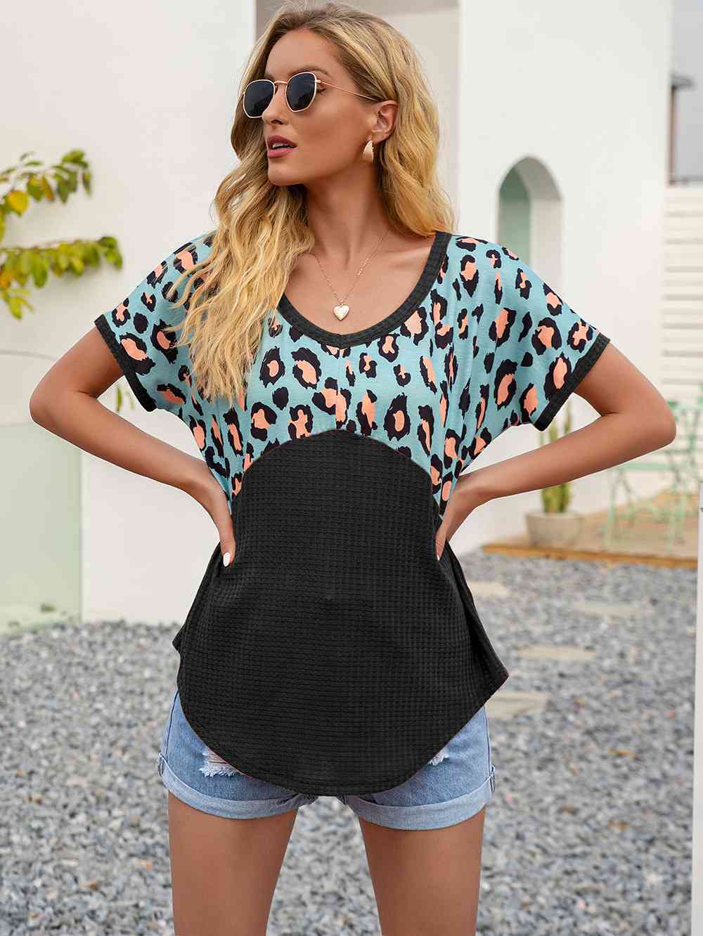 Leopard Waffle-Knit Short Sleeve Top (4 Colors) Shirts & Tops Krazy Heart Designs Boutique   