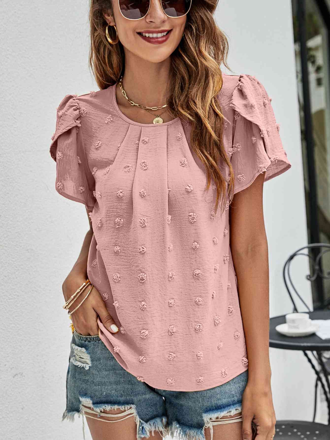 Swiss Dot Round Neck Petal Sleeve Top (10 Colors)  Krazy Heart Designs Boutique Light Mauve S 