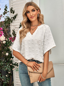 Swiss Dot Notched Neck Flare Sleeve Blouse (3 Colors)  Krazy Heart Designs Boutique White S 