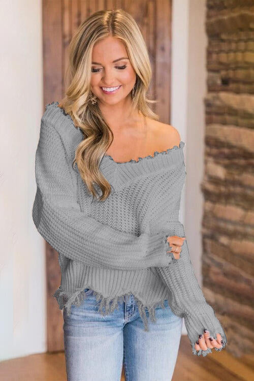 Frayed Hem Dropped Shoulder Sweater (10 Colors) Shirts & Tops Krazy Heart Designs Boutique Cloudy Blue S 