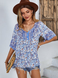 Printed Tie Neck Half Sleeve Tunic Blouse (2 Colors)  Krazy Heart Designs Boutique   