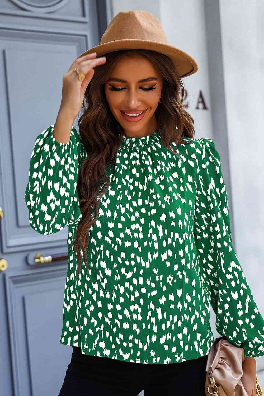 Printed Mock Neck Puff Sleeve Blouse (2 Colors) Shirts & Tops Krazy Heart Designs Boutique   