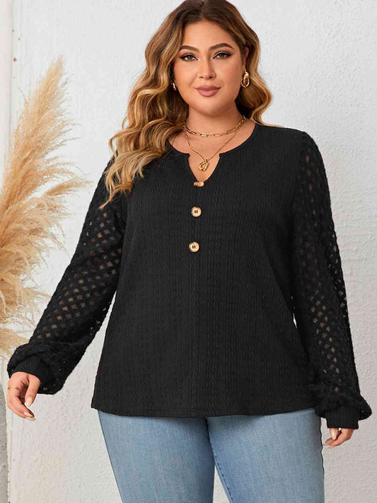 Plus Size Openwork Notched Button Front Blouse  Krazy Heart Designs Boutique Black XL 