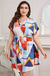 Plus Size Geometric Print Notched Neck Tie Waist Dress  Krazy Heart Designs Boutique Multicolor 1XL 
