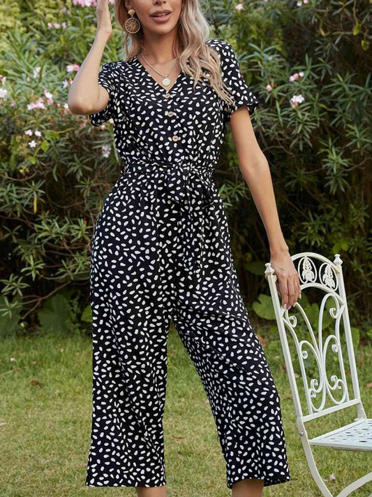 Printed V-Neck Short Sleeve Jumpsuit Outfit Sets Krazy Heart Designs Boutique Black S 