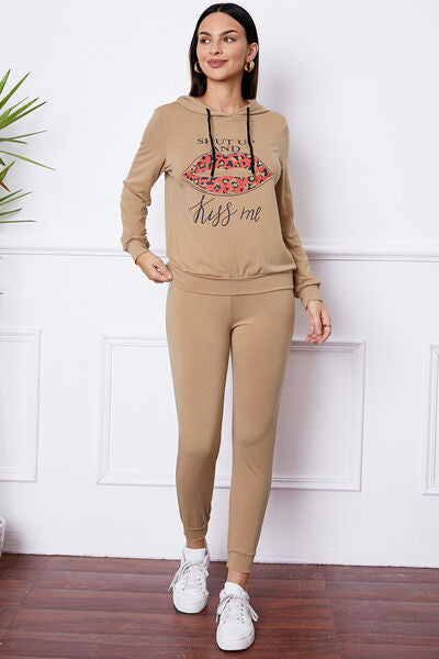 SHUT UP AND KISS ME Lip Graphic Hooded Top and Drawstring Pants Set Loungewear Krazy Heart Designs Boutique   