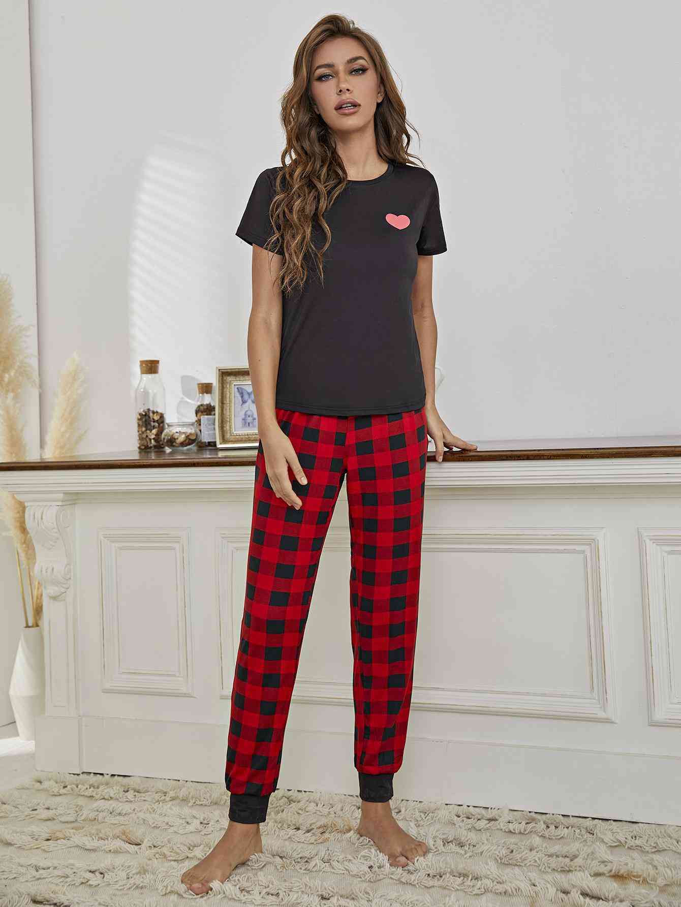 Heart Graphic Tee and Plaid Joggers Lounge Set ( 2 Color Style Patterns) Loungewear Krazy Heart Designs Boutique Black/Red S 