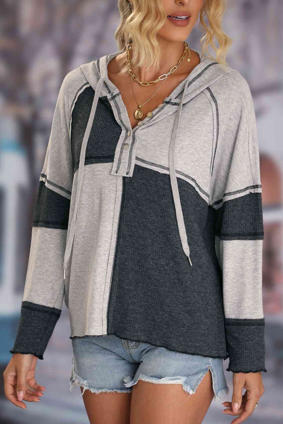 Exposed Seam Color Block Hoodie with Drawstring (2 Colors)  Krazy Heart Designs Boutique   