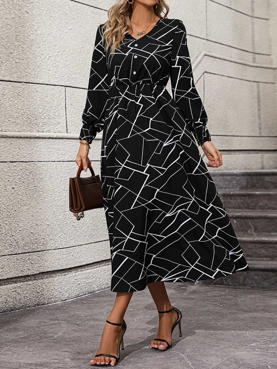 Geometric Print V-Neck Lantern Sleeve Dress  Krazy Heart Designs Boutique Black S 