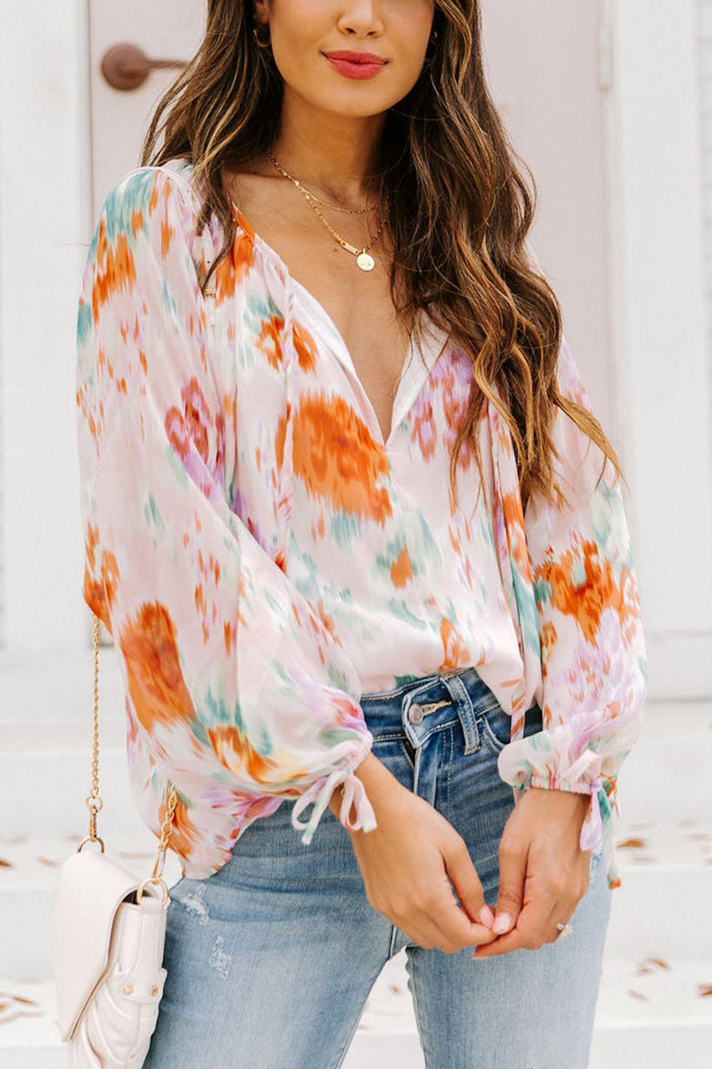 Printed Tie Neck Long Sleeve Blouse  Krazy Heart Designs Boutique Floral S 