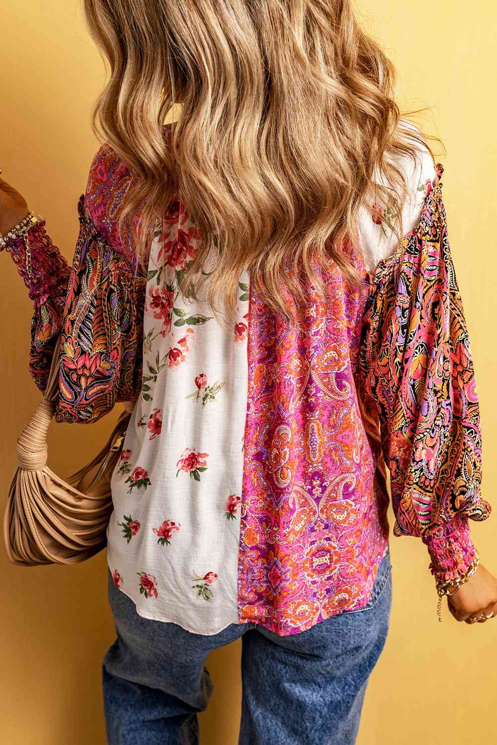 Multicolor Floral Notched Neck Lantern Sleeve Blouse  Krazy Heart Designs Boutique   