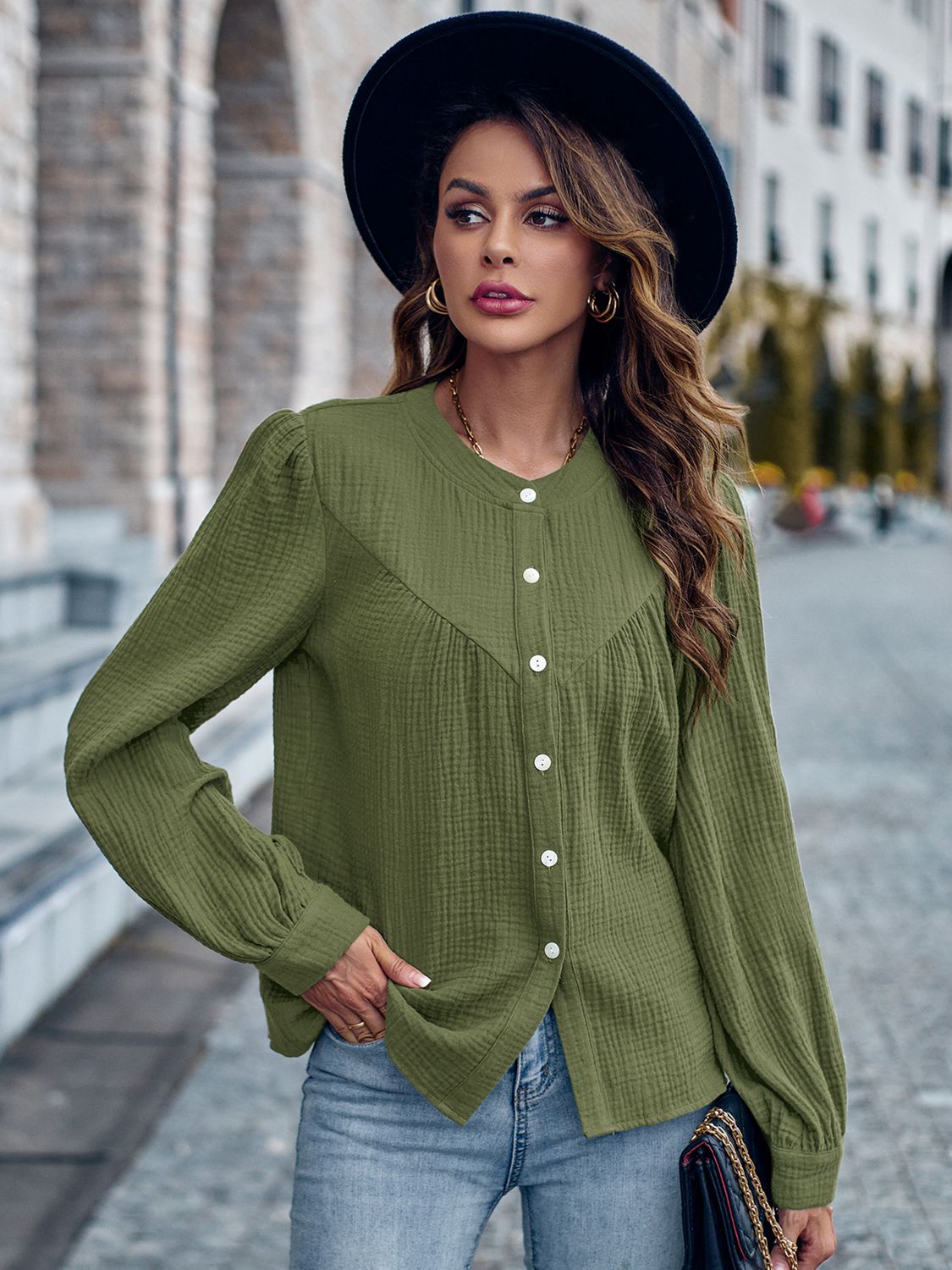 Round Neck Puff Sleeve Shirt (3 Colors)  Krazy Heart Designs Boutique Army Green S 