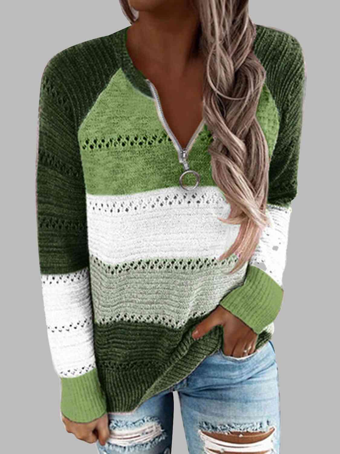 Color Block Half Zip Sweater (4 Colors) Shirts & Tops Krazy Heart Designs Boutique Matcha Green S 
