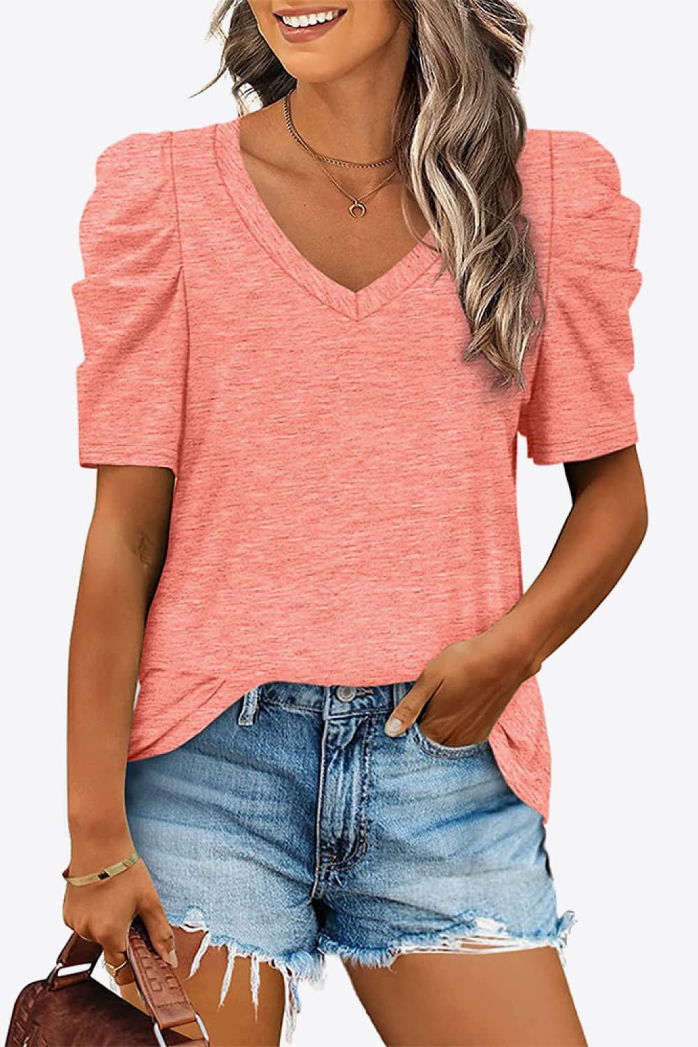 V-Neck Puff Sleeve Tee ( 6 Colors)  Krazy Heart Designs Boutique Coral S 