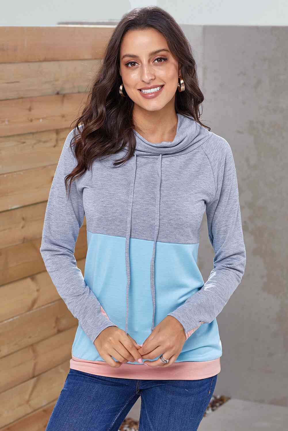 Color Block Raglan Sleeve Drawstring Sweatshirt (5Colors)  Krazy Heart Designs Boutique Gray/Sky Blue S 
