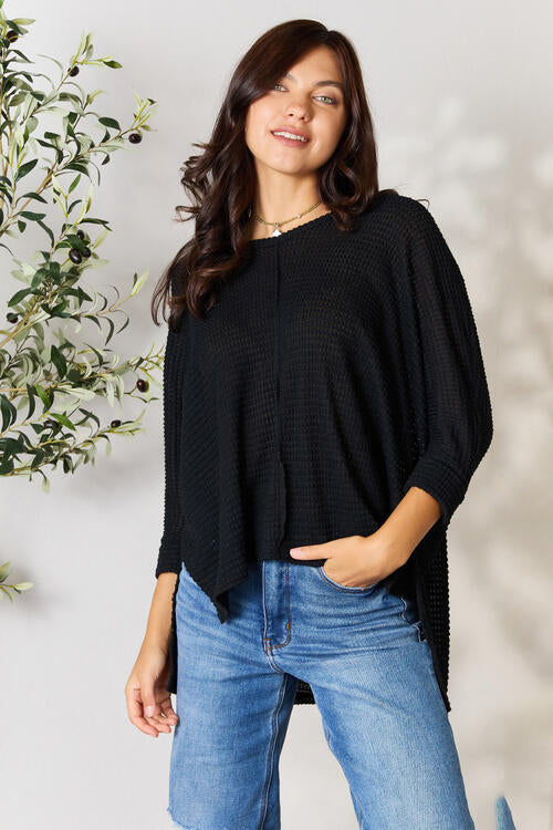 Zenana Full Size Round Neck High-Low Slit Knit Top Shirts & Tops Krazy Heart Designs Boutique Black S/M 