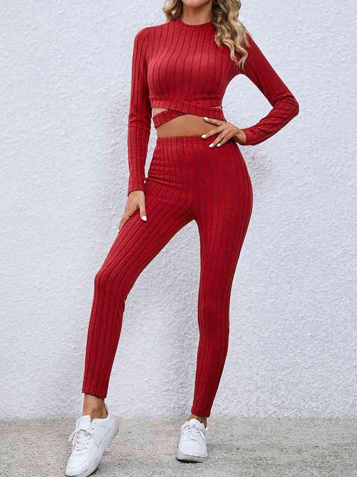 Crisscross Knit Top and Leggings Set (3 Colors) Outfit Sets Krazy Heart Designs Boutique Deep Red S 