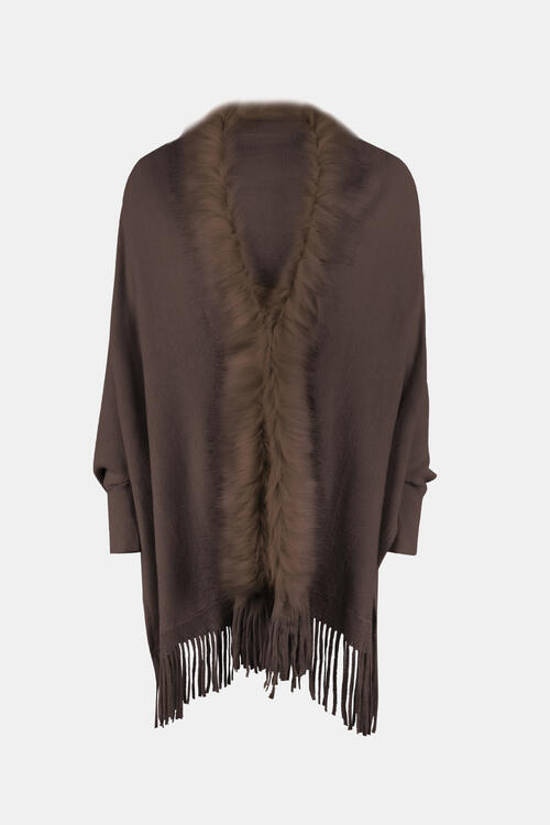 Fringe Open Front Long Sleeve Poncho (6 Colors) coats Krazy Heart Designs Boutique Chocolate One Size 