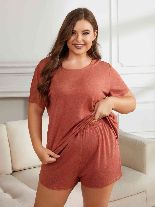 Plus Size Round Neck Short Sleeve Two-Piece Loungewear Set (2 Colors) Loungewear Krazy Heart Designs Boutique Brick Red 0XL 