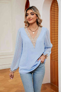 Swiss Dot Contrast V-Neck Blouse (6 Colors) Shirts & Tops Krazy Heart Designs Boutique Misty  Blue S 