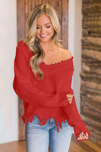 Frayed Hem Dropped Shoulder Sweater (10 Colors) Shirts & Tops Krazy Heart Designs Boutique   
